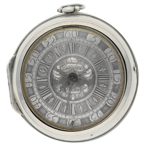 Thomas Bamber, London - English early 18th century silver pair cased verge pocket watch, signed deep plate fusee movement with a sprung three-arm flat steel balance, finely pierced and engraved winged balance cock with conforming broad foot, silvered regulating dial and Egyptian pillars, signed silver champlevé dial with a repoussé centre, Roman numerals, outer Arabic five minute numerals, steel beetle and poker hands, plain cases, 57mm