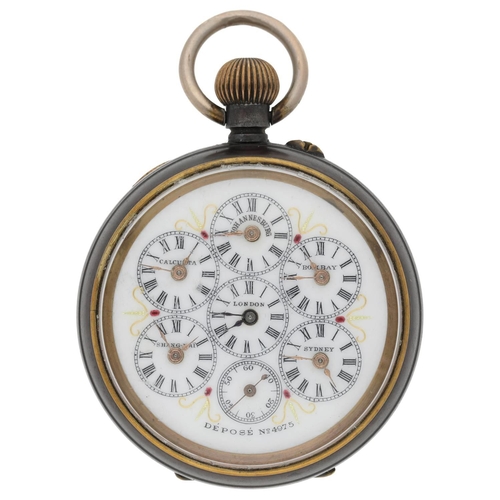 2 - Swiss World Time gunmetal lever pocket watch, pin-set gilt frosted bar movement with compensated bal... 