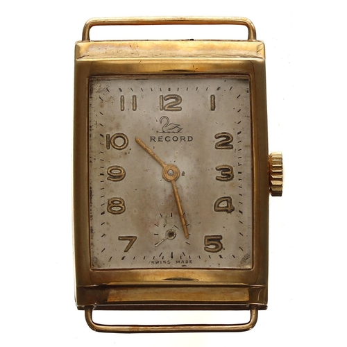 346 - Record 9ct rectangular wire-lug gentleman's wristwatch, London 1955, rectangular silvered dial with ... 