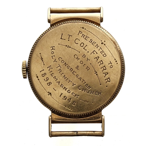 347 - 1940s 9ct swing-lug gentleman's wristwatch, London 1948, circular bronze dial signed Yeoman with Ara... 