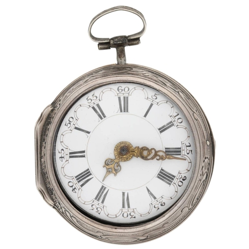 41 - Samson, London - George III English silver repoussé pair cased verge pocket watch, signed fusee move... 