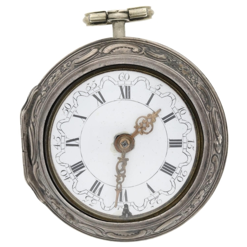 43 - Mich Reanes, London - English 18th century repoussé silver pair cased verge pocket watch, London 177... 