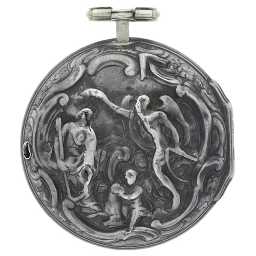 43 - Mich Reanes, London - English 18th century repoussé silver pair cased verge pocket watch, London 177... 