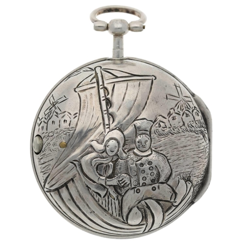 54 - Nath'l Egdch, London - George III silver repoussé pair cased verge pocket watch for the Dutch market... 