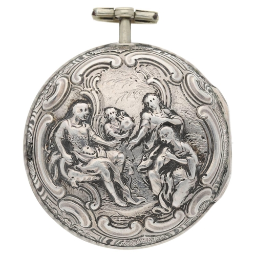 66 - Samson, London - George III English silver repoussé pair cased verge pocket watch, London 1785, sign... 