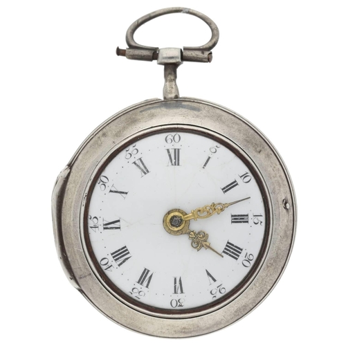 22 - De Cachengt, London - 18th century silver pair cased verge pocket watch, signed fusee movement, , no... 