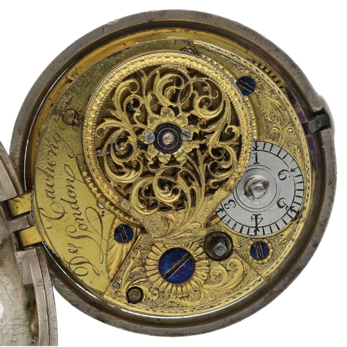 22 - De Cachengt, London - 18th century silver pair cased verge pocket watch, signed fusee movement, , no... 