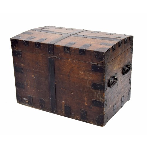 256 - 19th century metal bound oak silver chest, the slightly domed hinged lid with metal strapwork enclos... 