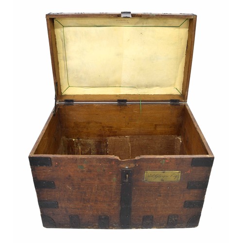 256 - 19th century metal bound oak silver chest, the slightly domed hinged lid with metal strapwork enclos... 