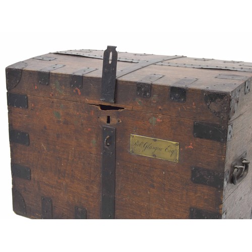 256 - 19th century metal bound oak silver chest, the slightly domed hinged lid with metal strapwork enclos... 