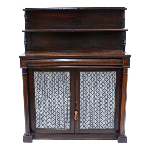 257 - Victorian rosewood chiffonier, the raised shelved back over a long cushion frieze drawer and two gri... 