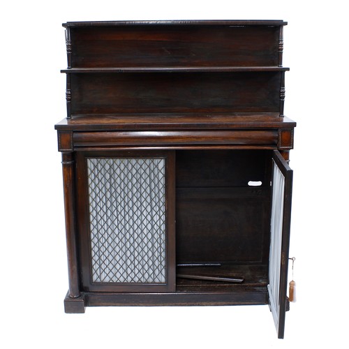 257 - Victorian rosewood chiffonier, the raised shelved back over a long cushion frieze drawer and two gri... 