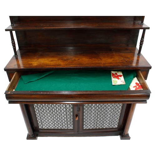 257 - Victorian rosewood chiffonier, the raised shelved back over a long cushion frieze drawer and two gri... 