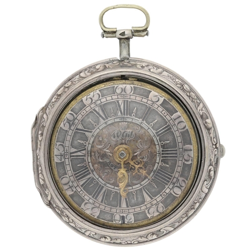 William Gib, Rotterdam -  Dutch early 18th century silver pair cased verge calendar pocket watch, no. 342, signed fusee movement with a sprung three-arm balance, fine pierced and engraved winged balance cock and foot, silvered regulating dial and fancy tapered pillars, signed champlevé dial with Roman numerals and outer Arabic five minute chapter, with calendar phase aperture and gilts hands, plain inner case, repoussé outer case depicting a figural scene, 55mm