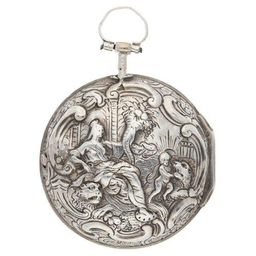 38 - John Wilter, London - George II English silver repoussé pair cased verge pocket watch, London 1759, ... 