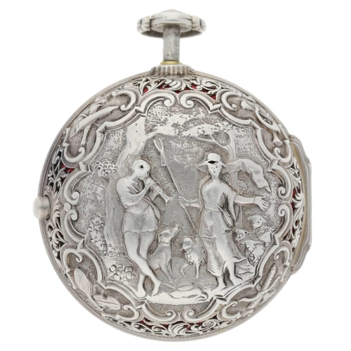 80 - James Tanqueray, London - Fine English  mid-18th century quarter repeating silver pair cased verge p... 