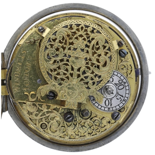 86 - Windmills, London - English early 18th century silver pair cased verge pocket watch, circa 1705, the... 