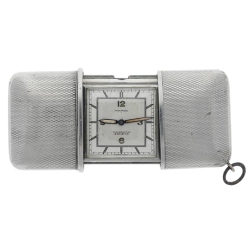 87 - Movado Chronométre Ermeto engine turned purse watch, signed square silvered dial with Arabic numeral... 