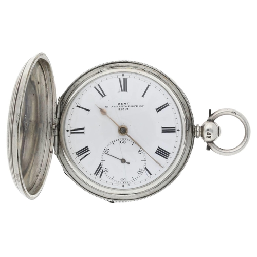 90 - Dent, London - Victorian silver fusee lever hunter pocket watch, London 1875, signed movement, no. 1... 