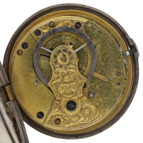 92 - English George IV silver verge pocket watch, London 1821, unsigned fusee movement, no. 359, sprung t... 