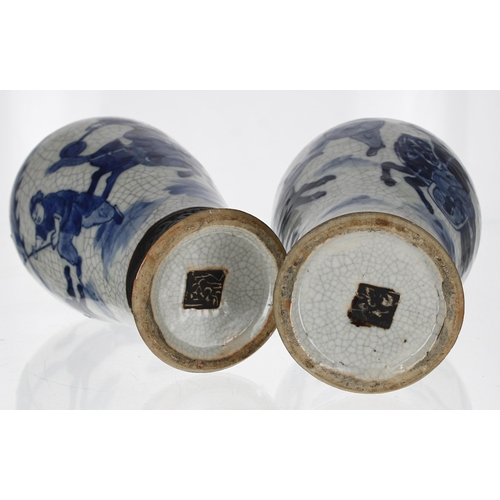 8 - Pair of Chinese blue and white Nanking crackle glaze baluster porcelain urns, decorated with warrior... 
