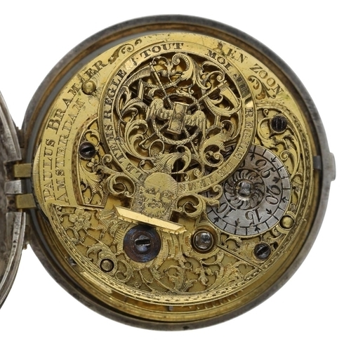 42 - Paulus Bramer En Zoom, Amsterdam - Dutch 18th century silver pair cased verge calendar pocket watch,... 