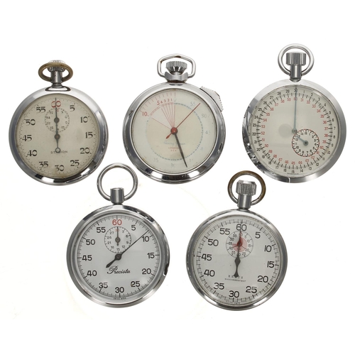 142 - Five chrome cased pocket stop watches for repair to include Precista, Stadion, Regus (5)... 