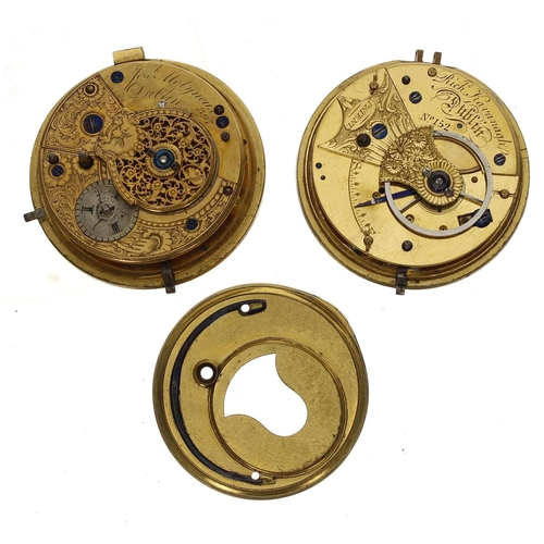 170 - Rich Kavanagh, Dublin - Fusee rack lever pocket watch movement for repair, dust cover, enamel dial, ... 