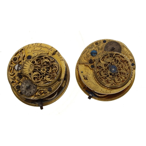 166 - Two fusee verge pocket watch movements for repair, with enamel dials, signed Jon Edmonds, London and... 