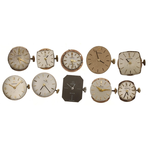 385 - Omega - Ten Omega lady's wristwatch movements; cal. 244, 485, 484, 620, 625, 455 (10)... 