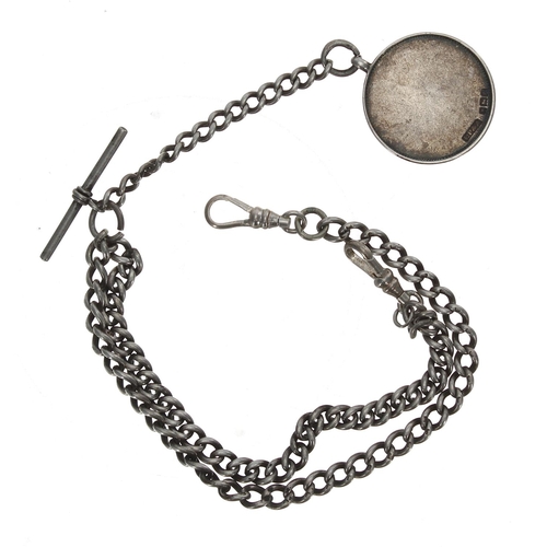 101 - Silver hallmarked curb link watch Albert chain, with T-bar, circular medallion fob and swivel end-li... 