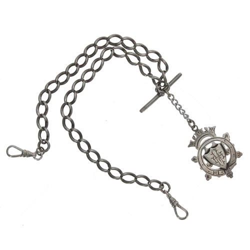 102 - Silver hallmarked curb link watch Albert chain, with T-bar, shield medallion fob and swivel end-link... 