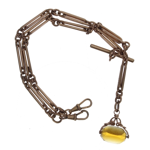 103 - Figaro link gold plated watch Albert chain, with T-bar, swivel clasps and a swivel fob, 51.7gm, 17