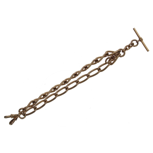 106 - Gold plated open curb link watch Albert chain, with T-bar and end clasps, 56.8gm, 15