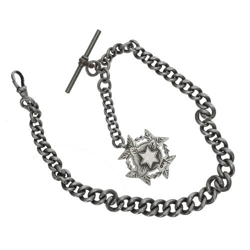 107 - Graduated silver curb link watch Albert chain, with T-bar, end clasp an silver medallion fob, 59.7gm... 