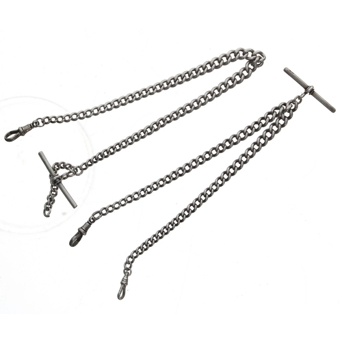 109 - Two similar silver curb link watch Albert chains, each with T-bars, 56.5gm, both 12