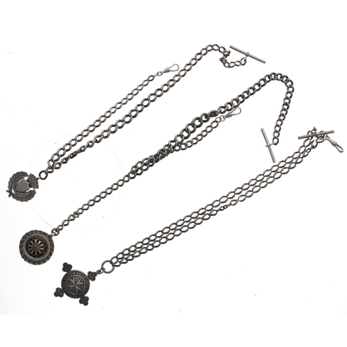 111 - Three curb link watch Albert chains, each with silver fobs including one with an enamel dart board, ... 