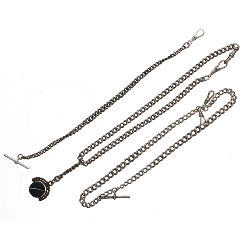 112 - Three silver curb link watch Albert chains, 94.9gm (3) (one with a plated attachment and fob) ... 