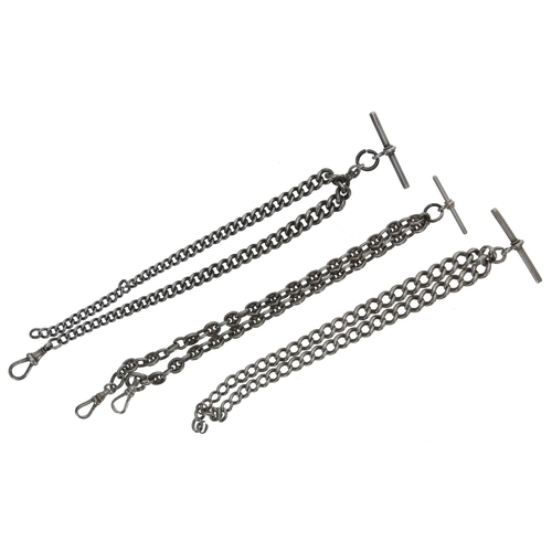 114 - Fancy silver watch Albert chain, with T-bar and later swivel end clasps, 30.5gm, 14