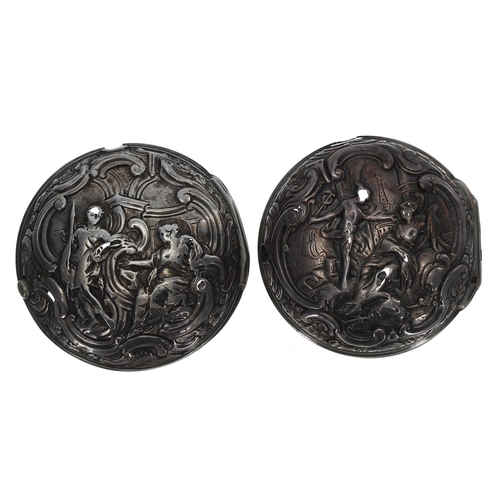 123 - Two English 18th century repoussé silver pocket watch outer cases, each depicting figural scenes in ... 