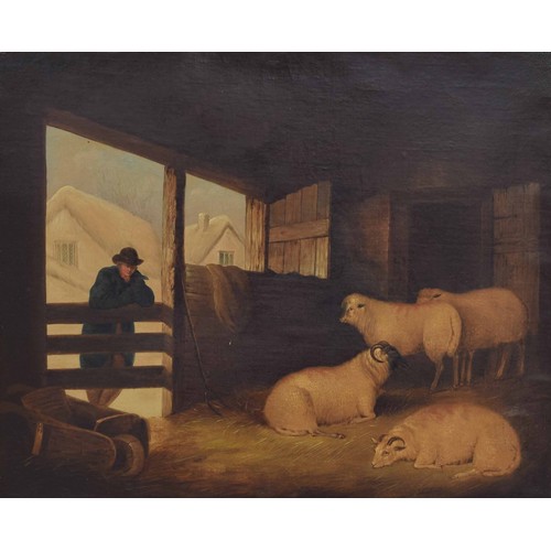 800 - Circle of J. Digby Curtis (19th century) - A farmer with four sheep in a barn, cottages in a winter ... 