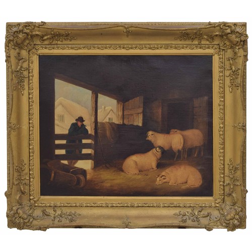 800 - Circle of J. Digby Curtis (19th century) - A farmer with four sheep in a barn, cottages in a winter ... 