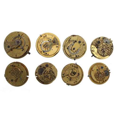 171 - Eight fusee verge pocket watch movements, makers Jas Paine, London; Rickard, High Street, Exeter; Do... 