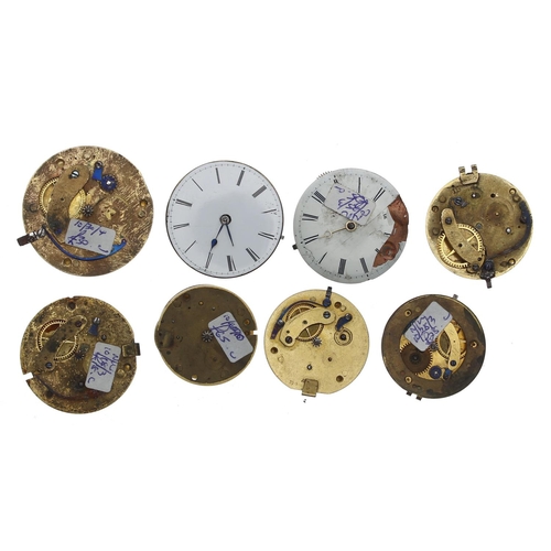 171 - Eight fusee verge pocket watch movements, makers Jas Paine, London; Rickard, High Street, Exeter; Do... 