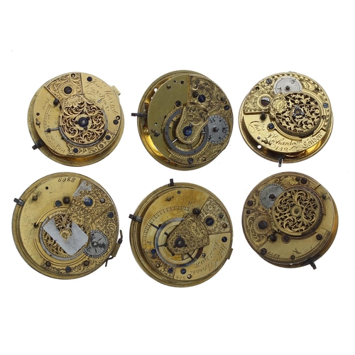 172 - Six fusee verge pocket watch movements, including makers Josh Merrick, London; William Broad, London... 