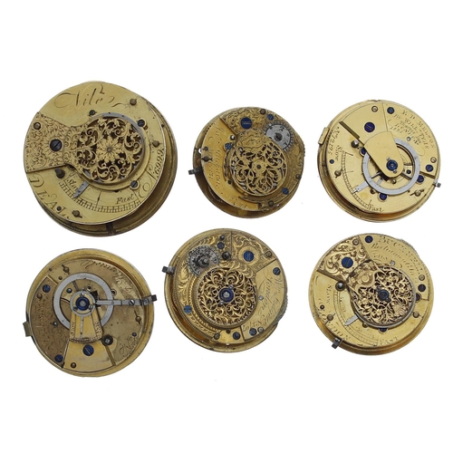 174 - Six fusee verge pocket watch movements, including makers Bucknell, Parliament Street, London; Willia... 