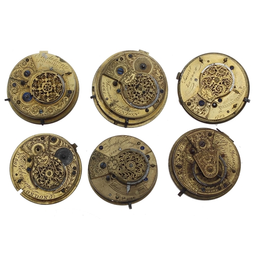 175 - Six fusee verge pocket watch movements, including makers Jones, Plymouth; Joseph Hough; Thos Robinso... 