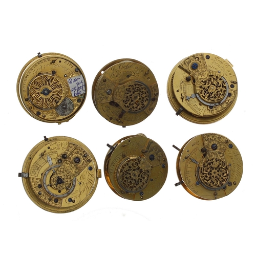 176 - Six fusee verge pocket watch movements, including makers Dwerrihouse & Carter, Berkeley Square; ... 