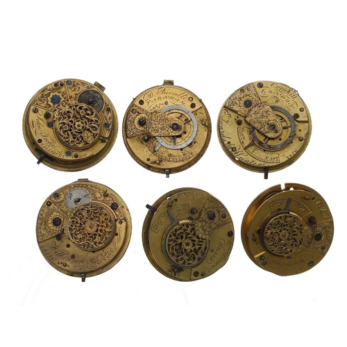 179 - Six fusee verge pocket watch movements, including makers Borrelli, Farnham; Edwards & Hunter, Co... 