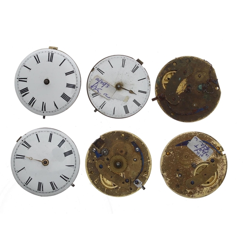 179 - Six fusee verge pocket watch movements, including makers Borrelli, Farnham; Edwards & Hunter, Co... 